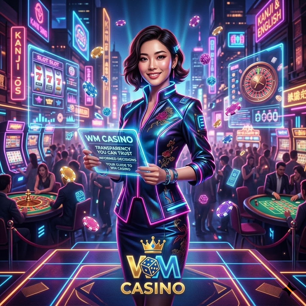 A captivating 1:1 image showcasing an Asian female presenter in a cyberpunk fantasy casino setting, promoting WM Casino. The image emphasizes transparency and informed decision-making for players in Singapore and Southeast Asia. Neon lights, holographic displays, and a stylized WM Casino logo create a visually engaging scene. The text headlines highlight the platform’s commitment to clarity and trust, encouraging users to explore WM Casino with confidence and avoid misleading promotions. This image is designed to be a compelling visual hook for online casino content.