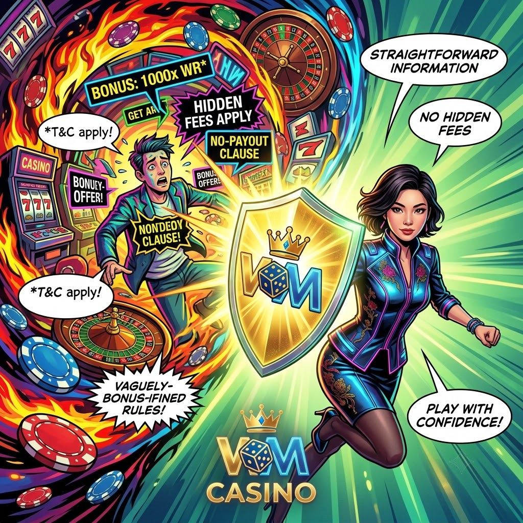 A dynamic 1:1 comic book illustration depicting the frustration of online casino players overwhelmed by misleading promotions and confusing terms. An Asian female presenter, wielding a shield with the WM Casino logo, emerges as a beacon of clarity and trust. The image highlights WM Casino as a reliable resource for straightforward information, empowering players to make informed decisions and play with confidence. The vibrant, contrasting color palette and bold typography create a visually engaging and impactful image designed to attract users seeking a transparent online casino experience.