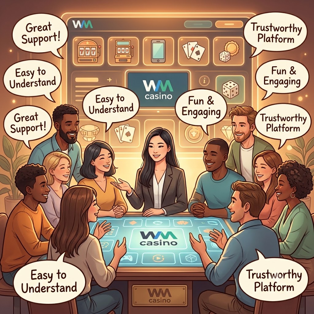 A heartwarming 1:1 illustration depicting the WM Casino community, emphasizing trust, support, and guidance. Diverse individuals are shown engaging positively with the platform, with the Asian female presenter offering reassurance. Warm colors, friendly typography, and positive thought bubbles convey a sense of belonging and reliability. This image highlights the importance of community and transparency in the online casino experience, making it a compelling visual for attracting new users to WM Casino.
