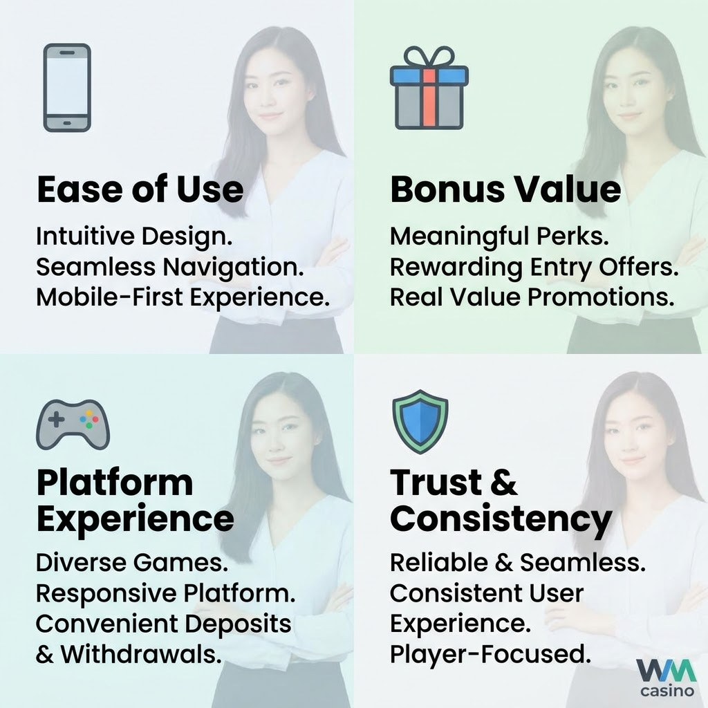 A visually appealing 1:1 infographic highlighting the key reasons why WM Casino is recommended. The image is divided into four quadrants showcasing Ease of Use, Bonus Value, Platform Experience, and Trust & Consistency. The Asian female presenter is subtly integrated, emphasizing the platform’s reliability and player-focused approach. Clean design, concise text, and a professional color palette convey trustworthiness and value, making it an ideal visual for promoting WM Casino to players in Singapore and Southeast Asia.