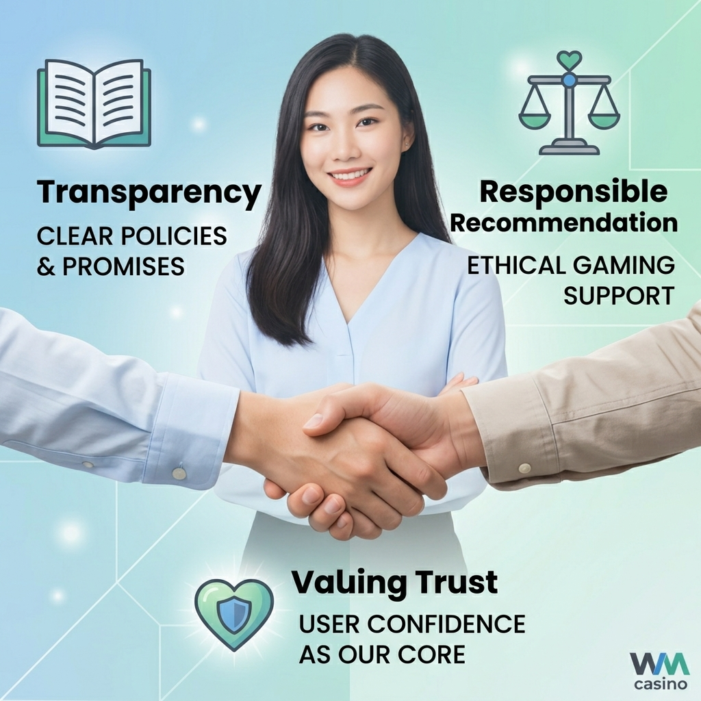 A visually clear 1:1 graphic emphasizing transparency and disclosure regarding the website’s affiliate relationship with WM Casino. The image features a handshake between the Asian female presenter and a user, symbolizing trust. Icons representing Transparency, Responsible Recommendation, and Valuing Trust are displayed alongside concise explanations. The clean design and calming color palette convey honesty and user-centricity, reinforcing the website’s commitment to ethical practices and building user confidence in WM Casino.