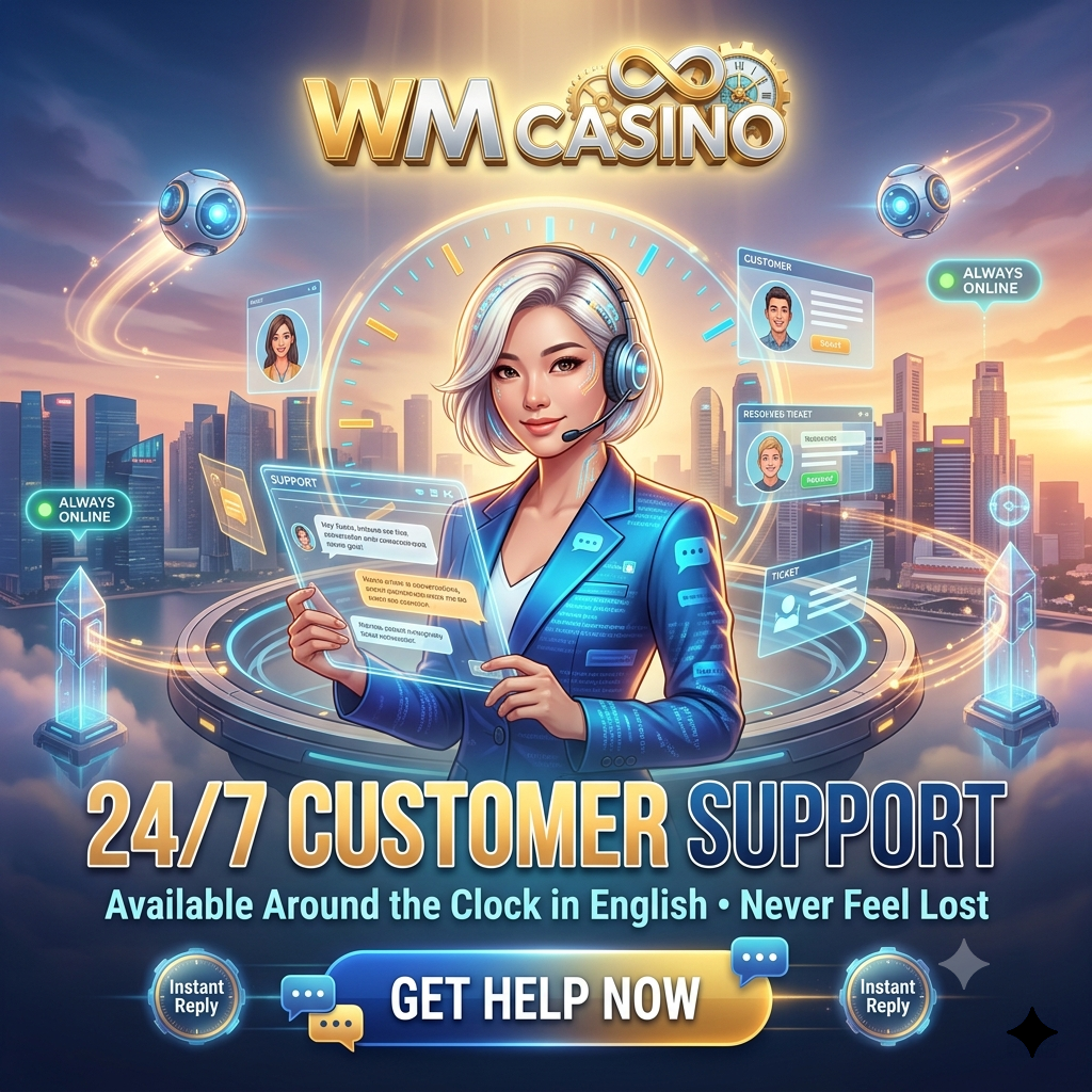 Cyberpunk anime promotional artwork for WM Casino featuring a professional Asian female support agent with platinum hair wearing a holographic headset, surrounded by 24/7 clock interfaces and floating chat screens, emphasizing round-the-clock English language customer support availability with warm, trustworthy lighting aesthetics.