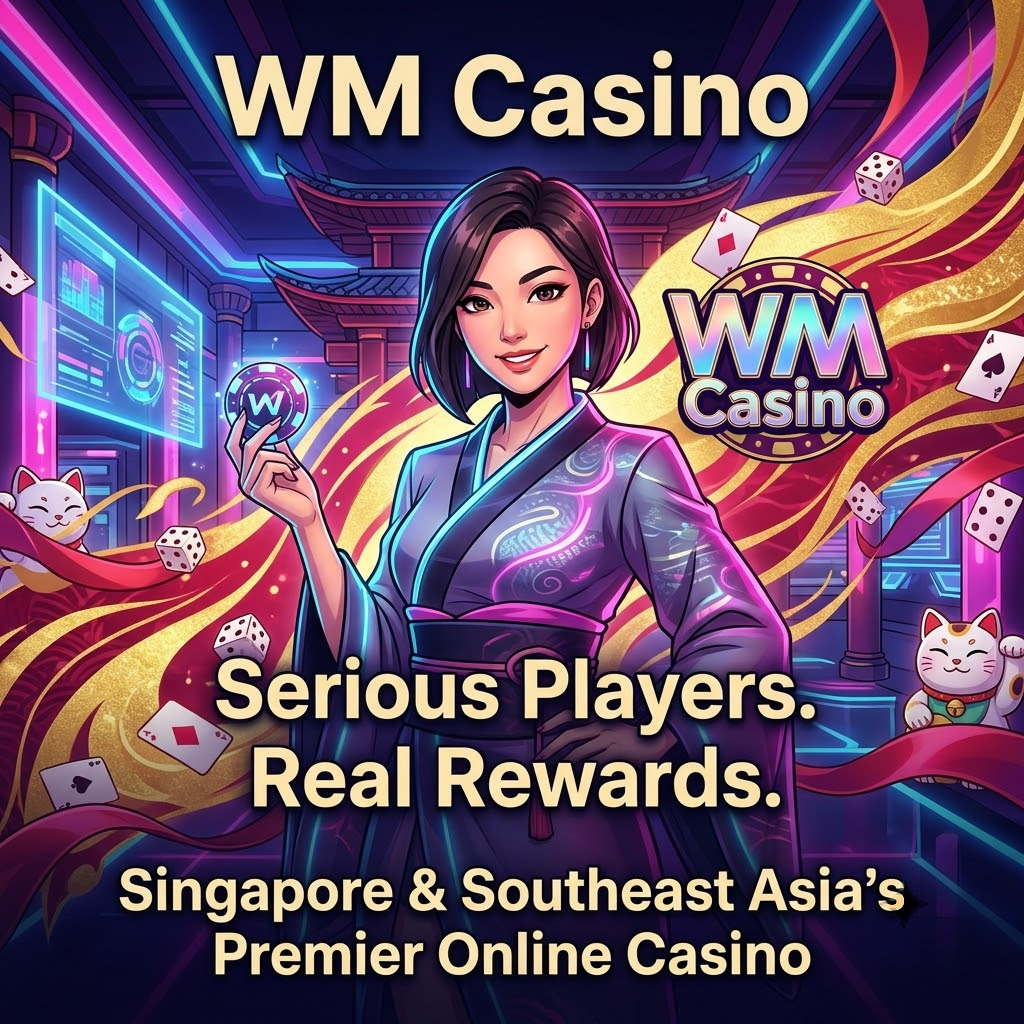 A captivating anime-style image showcasing an Asian female presenter promoting WM Casino, the leading online casino platform in Singapore and Southeast Asia. The vibrant scene features a futuristic casino hall, glowing logo, and key messaging about real rewards and premier gaming. This visually engaging image is designed to attract serious players seeking online casino free spins, bonuses, and real money games, highlighting WM Casino’s trustworthiness and excitement.