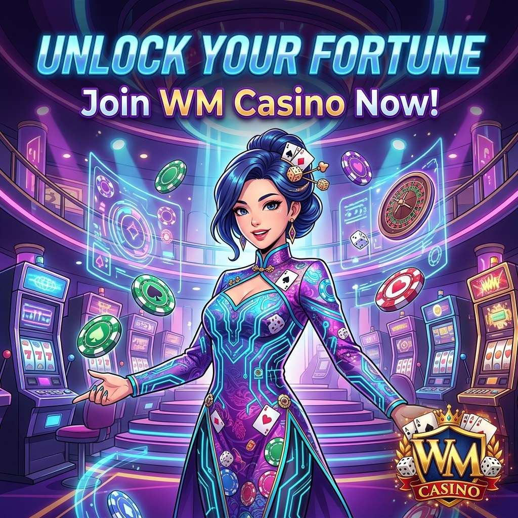 A vibrant anime-style image showcasing an Asian female presenter in a futuristic casino setting, promoting WM Casino. The image features bold text encouraging users to “Unlock Your Fortune” and “Join WM Casino Now!” with the WM Casino logo prominently displayed. The dynamic scene incorporates neon lights, holographic displays of casino games, and a rich color palette to create a sense of excitement and opportunity for online casino Singapore real money access and platform usage. This visually engaging image is designed to attract new users and highlight the WM Casino experience.