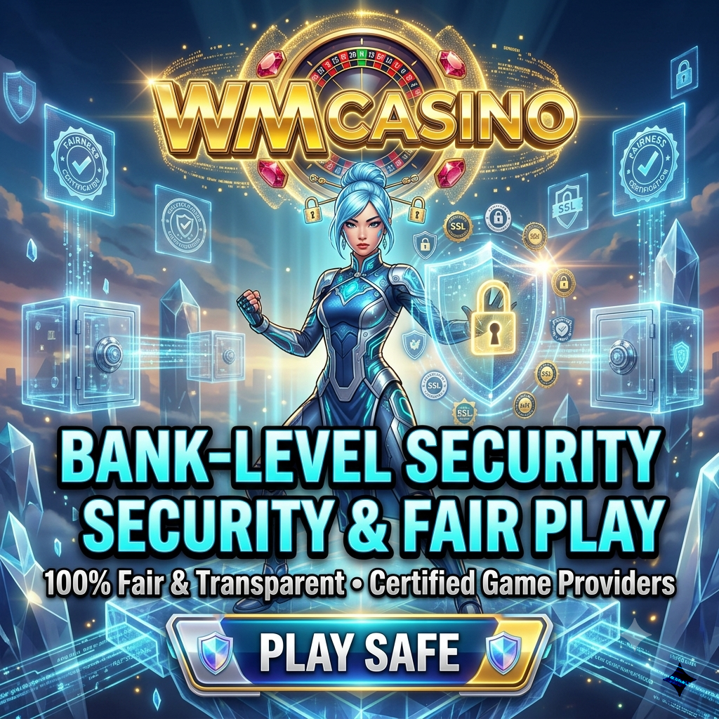 Cyberpunk anime promotional image for WM Casino featuring a protective Asian female guardian with holographic shield and encryption patterns emphasizing bank-level security, fair play certification, and transparent gaming against a digital fortress backdrop designed to build player trust and confidence.