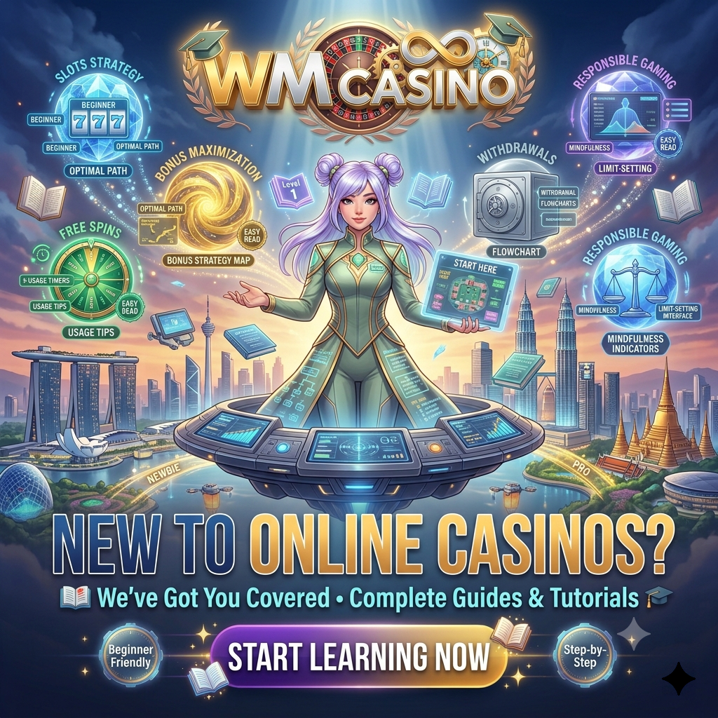 Cyberpunk anime promotional artwork for WM Casino featuring a friendly Asian female gaming mentor surrounded by holographic educational guides for beginners, including slot tutorials, bonus strategy maps, and responsible gaming resources, set against a futuristic Singapore learning sanctuary with welcoming, educational lighting.