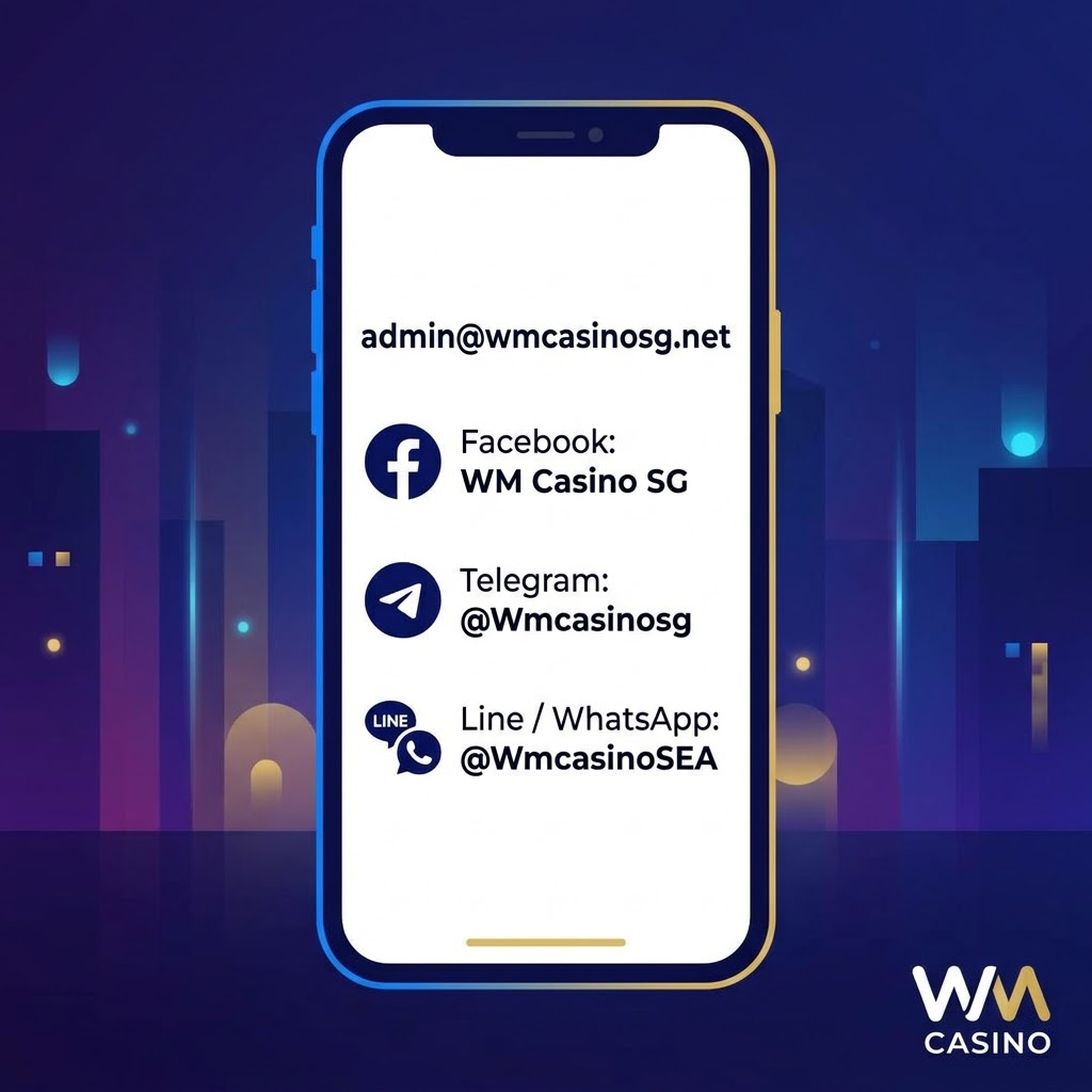 A clean and modern vector illustration displaying WM Casino’s contact information. The image features a stylized smartphone screen showcasing the email address “admin@wmcasinosg.net” and social media handles for Facebook, Telegram, and Line/WhatsApp. Each handle includes its corresponding icon. The WM Casino logo is subtly placed in the corner. This visually appealing graphic provides easy access to customer support and encourages users to connect with WM Casino through various channels for online casino Singapore real money access and platform usage. The design is clean, professional, and user-friendly.