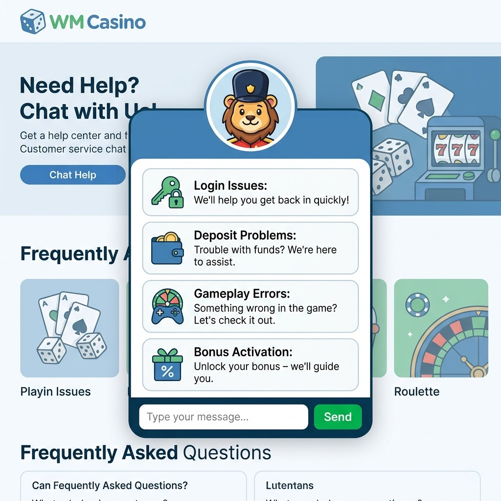 A helpful image depicting WM Casino’s customer support resources for resolving common issues. The image features a friendly customer service representative avatar within a chat bubble, listing common problems like login issues, deposit problems, and gameplay errors. The WM Casino logo is subtly displayed. This visually reassuring graphic aims to provide users with confidence that assistance is readily available for any technical difficulties they may encounter while using the platform for online casino Singapore real money access. The design is clean, user-friendly, and supportive.