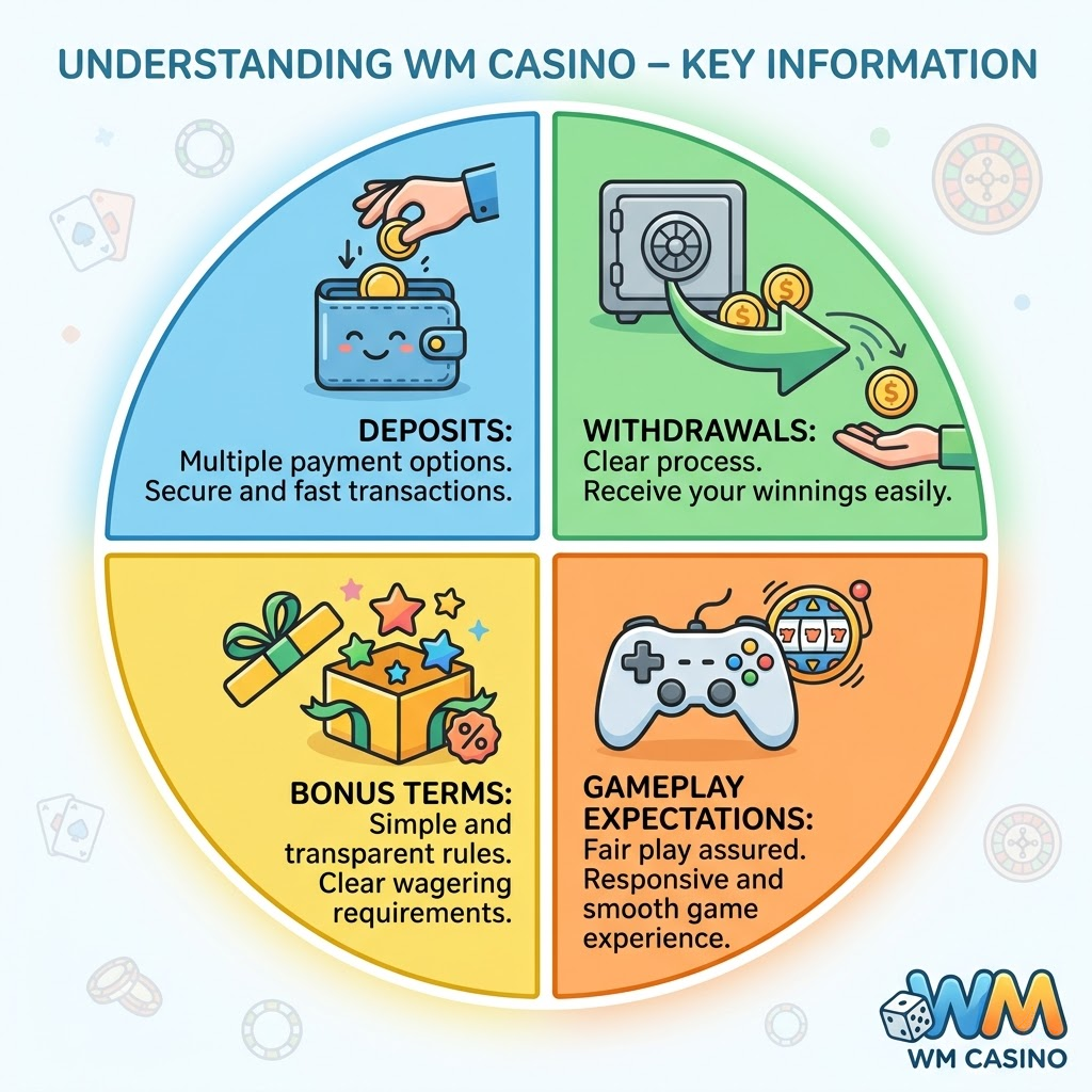 An informative infographic outlining key information about WM Casino, including deposits, withdrawals, bonus terms, and gameplay expectations. The image features a circular diagram with relevant icons and concise descriptions for each topic. The WM Casino logo is subtly displayed. This visually appealing graphic aims to provide users with a clear understanding of the platform’s policies and features, promoting transparency and building trust for online casino Singapore real money access. The design is clean, organized, and easy to understand.