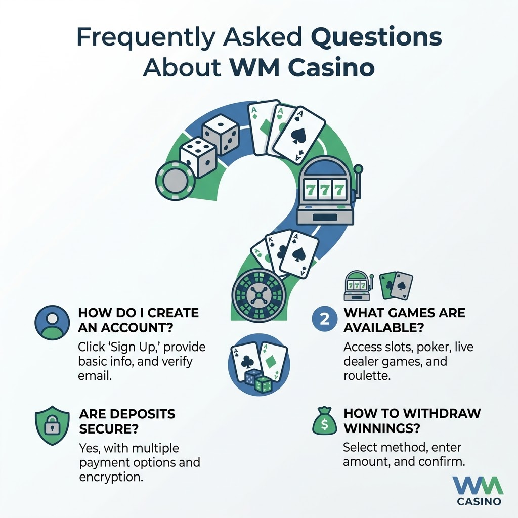 A clean and modern infographic presenting frequently asked questions about WM Casino. The image features a stylized question mark formed by casino game icons, along with concise questions and answers addressing common user inquiries. The WM Casino logo is subtly displayed. This informative graphic provides easy access to information about online casino Singapore real money access, platform features, and other relevant topics, promoting a user-friendly experience. The design is clean, balanced, and visually appealing.