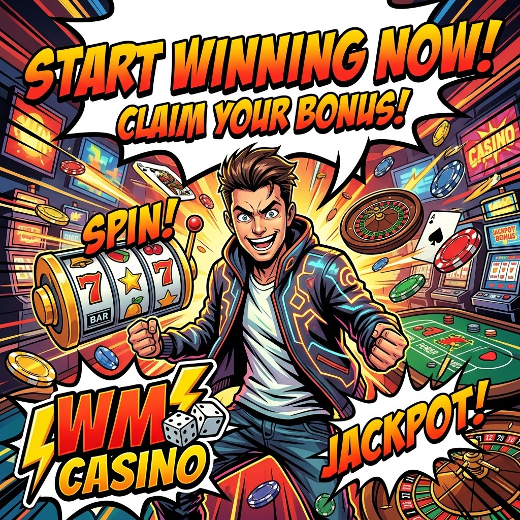 A vibrant comic book-style image promoting WM Casino and encouraging new users to “Start Winning Now!” and “Claim Your Bonus!” The image features a dynamic gambler character amidst casino game interfaces and flashing lights. The WM Casino logo is prominently displayed. This visually engaging graphic highlights the opportunity to access online casino Singapore real money access, online casino joining bonus, and online casino free spins. The energetic design aims to attract new players and showcase the excitement of joining WM Casino.