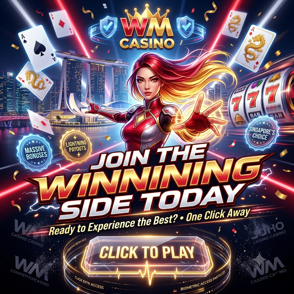 Cyberpunk anime promotional artwork for WM Casino featuring an Asian female host extending her hand toward the viewer through a golden portal, surrounded by floating holographic playing cards and spinning slot reels against the Singapore skyline, with "Join the Winning Side" typography and glowing click-to-play button, emphasizing immediate action and premium Singapore gaming experience.