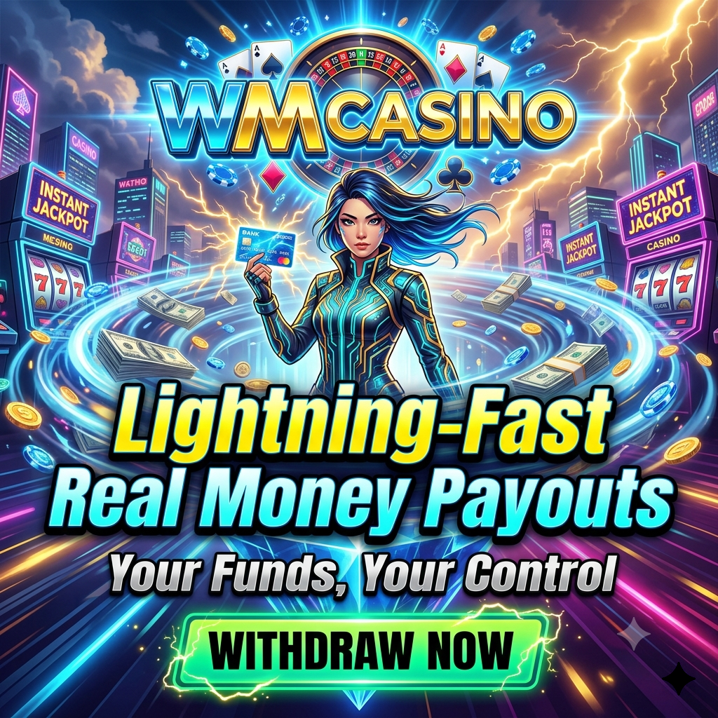 Cyberpunk anime style promotional image for WM Casino featuring a dynamic Asian female presenter holding a glowing bank card with lightning effects amidst swirling cash and digital coins, highlighting lightning-fast real money payouts with bold electric typography and neon lighting designed to emphasize instant withdrawal speed and financial control.