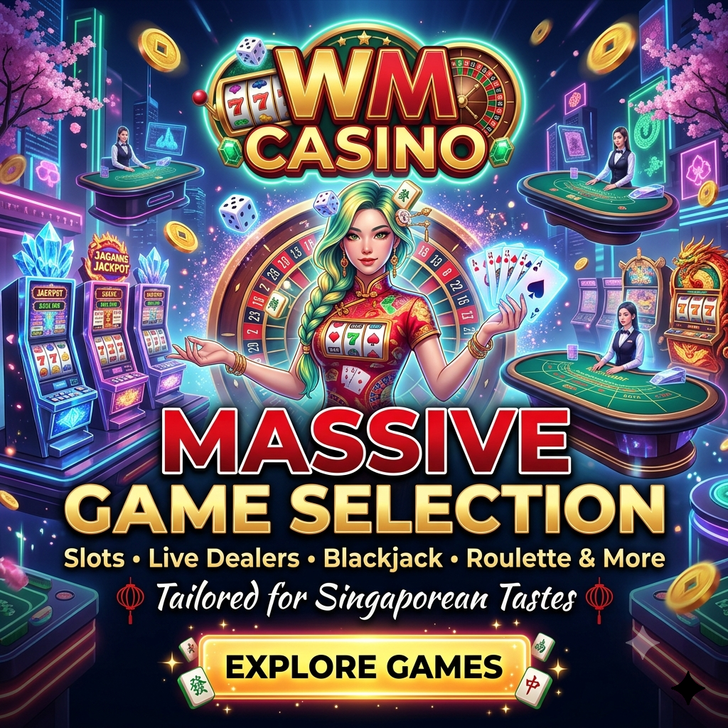 Cyberpunk anime promotional artwork for WM Casino featuring a dynamic Asian female presenter in ornate cheongsam surrounded by holographic slot machines, live dealer tables, and roulette wheels, highlighting massive game selection options including slots, blackjack, and baccarat tailored for Singaporean players with vibrant neon lighting and luxury aesthetics.