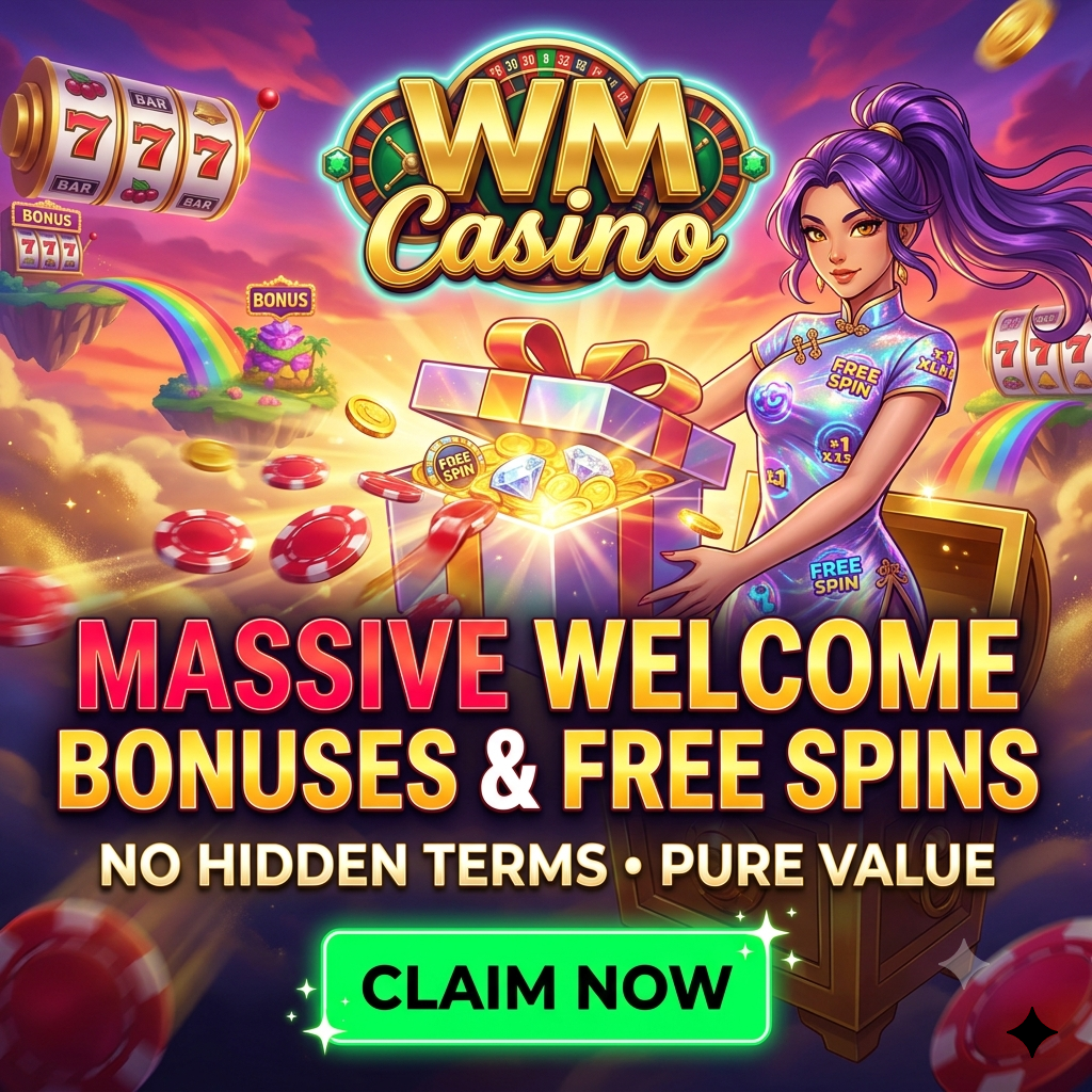 Vibrant anime-style promotional image for WM Casino featuring an elegant Asian female presenter holding a glowing treasure box of bonuses on a floating golden platform, with bold typography announcing massive welcome bonuses and free spins against a fantasy casino backdrop designed to attract new players and drive immediate engagement.