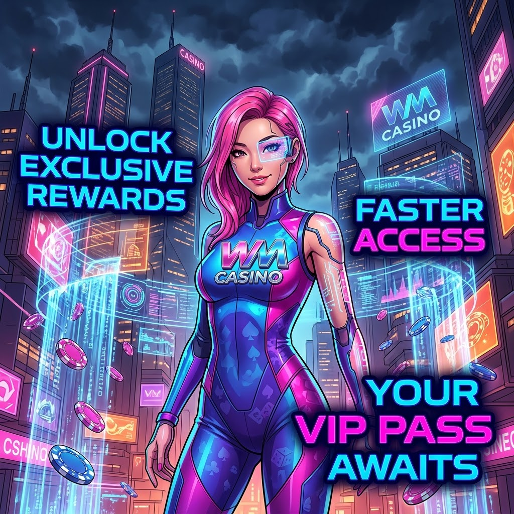 A captivating cyberpunk anime-style image showcasing an Asian female presenter in a futuristic casino setting, highlighting the benefits of signing up through a referral link for WM Casino. The image features bold text overlays emphasizing exclusive rewards and faster access, all within a vibrant, neon-lit cityscape. The WM casino logo is subtly integrated, creating a visually engaging and informative visual asset for promoting the referral program and attracting new users to the online casino platform.