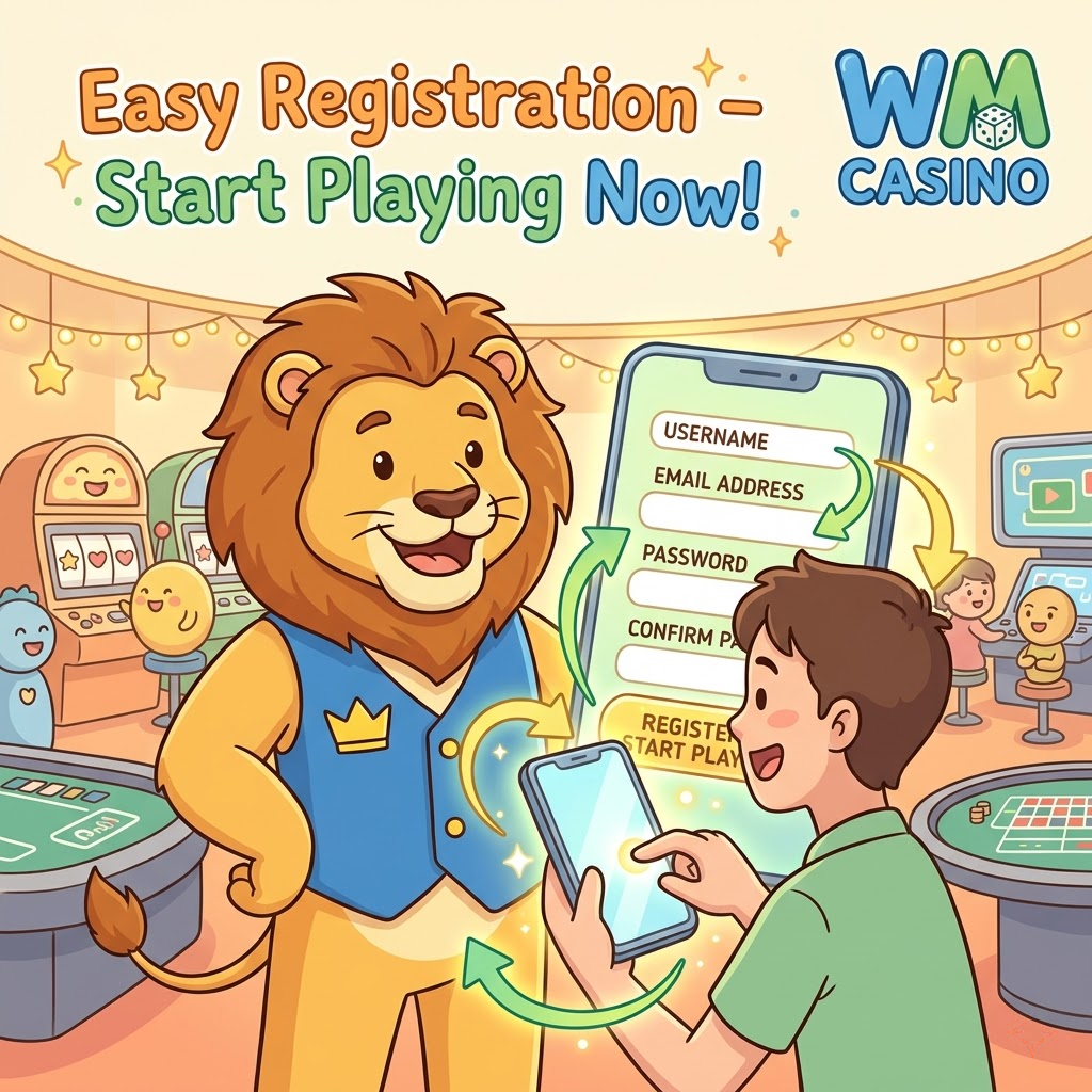 A friendly cartoon illustration depicting the easy registration process for WM Casino. A cheerful mascot guides a new player through a simplified registration form on a tablet. The image highlights the straightforward steps to start playing online casino games. The WM Casino logo is prominently displayed. This visually appealing graphic aims to encourage new users to join WM Casino and experience the excitement of online casino Singapore real money access. The design is lighthearted, inviting, and easy to understand.