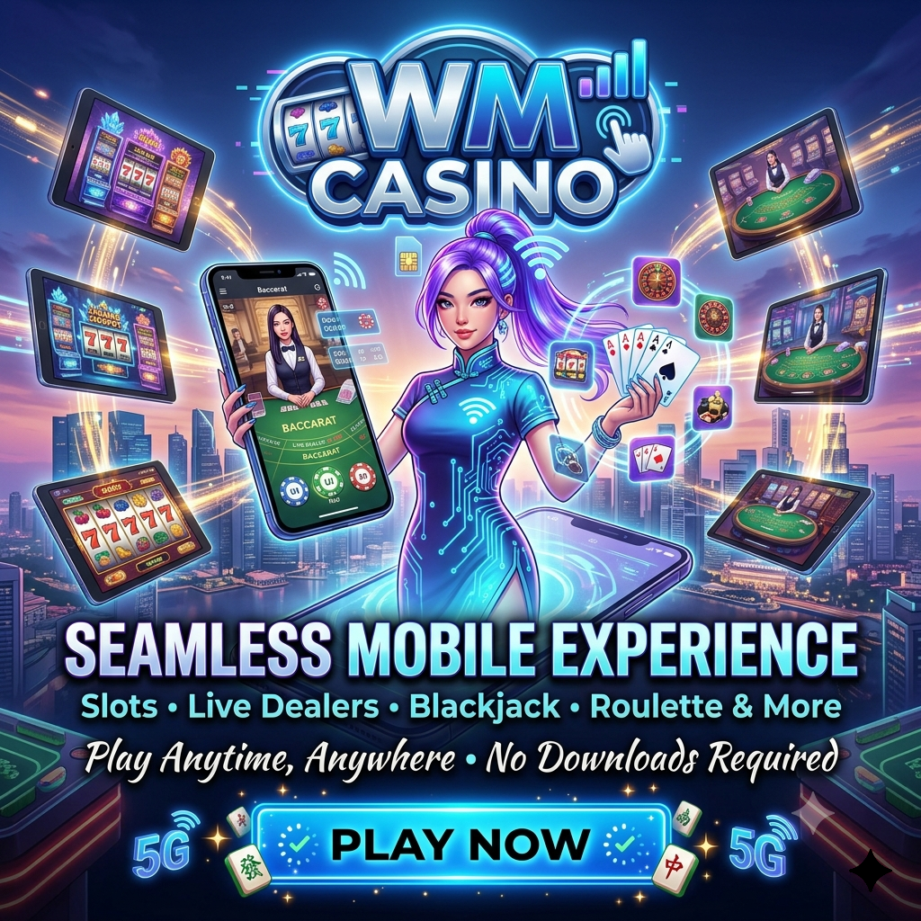 Cyberpunk anime promotional image for WM Casino mobile platform featuring an Asian female protagonist with violet hair interacting with floating smartphones and tablets displaying casino games, emphasizing seamless no-download mobile gaming experience against a futuristic Singapore skyline backdrop with connectivity aesthetics.