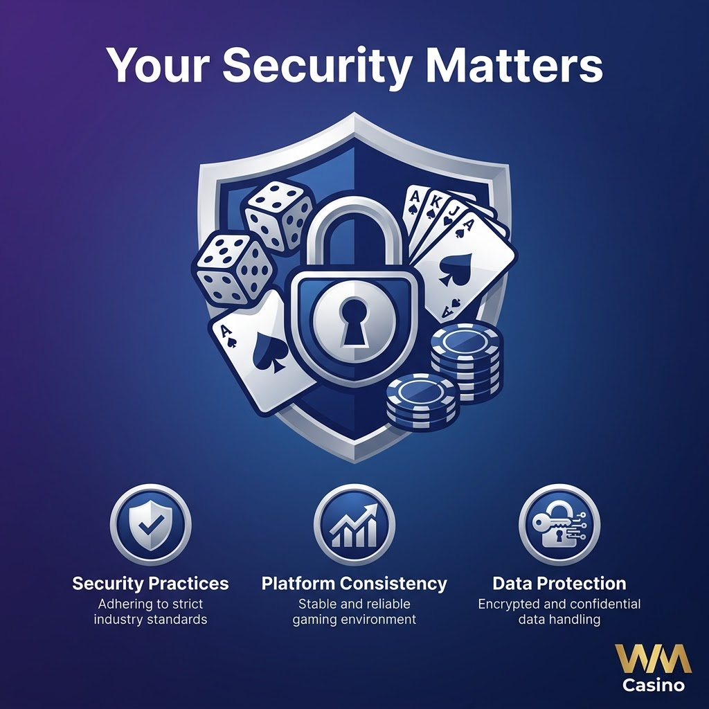 A clean and modern image emphasizing the security measures at WM Casino. The image features a shield with a padlock and casino elements, representing data protection and platform security. Icons highlight security practices, platform consistency, and responsible data handling. The WM Casino logo is subtly displayed. This visually reassuring graphic aims to build trust with users and address concerns about online gaming safety, promoting a secure environment for online casino Singapore real money access. The design is professional, trustworthy, and easy to understand.