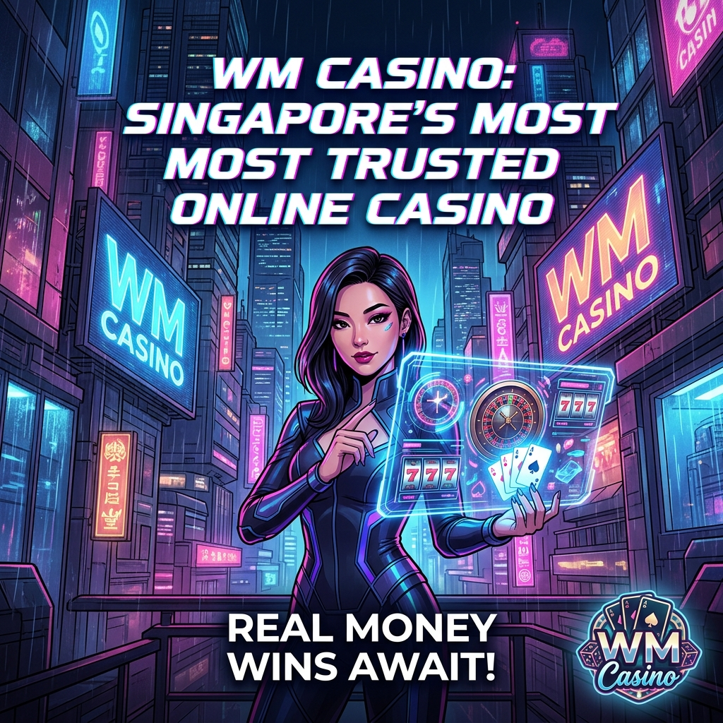 A captivating 1:1 image showcasing WM Casino, Singapore’s leading online casino, featuring a confident Asian female presenter in a cyberpunk anime style. The vibrant scene depicts a futuristic Singapore cityscape at night with neon lights and holographic casino games. The image highlights the brand’s trustworthiness and the excitement of real money wins, using bold typography and a dynamic composition to attract viewers interested in online gambling and casino entertainment in Singapore. The WM Casino logo is subtly integrated, reinforcing brand recognition.