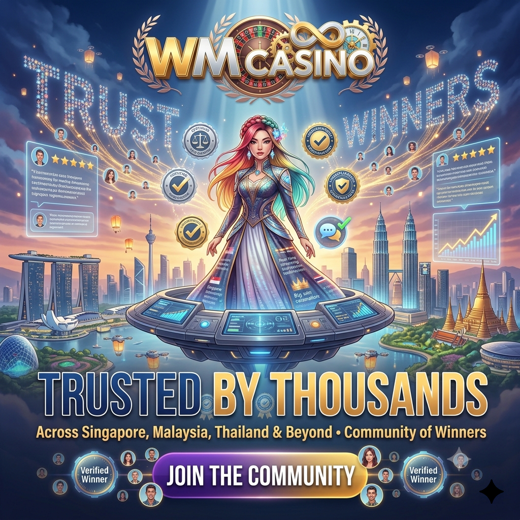 Cyberpunk anime promotional artwork for WM Casino featuring an Asian female community leader with gradient hair overlooking a futuristic Southeast Asian skyline, surrounded by thousands of holographic player avatars, trust badges, and 5-star review displays, emphasizing regional trust and active player community across Singapore, Malaysia, and Thailand.